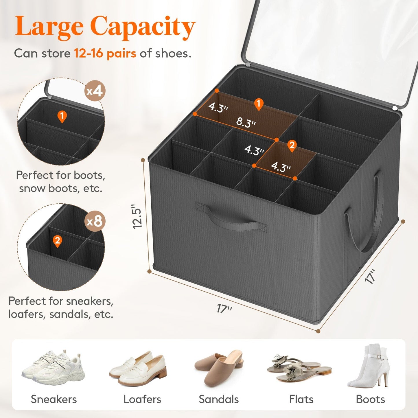 Shoe Storage Organizer with Clear Cover – Foldable Shoe Box for Closet, Fits 12-16 Pairs, Reinforced Handles, Dust-Proof Non-Woven Fabric