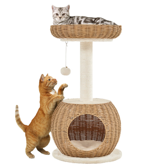 Cat Tree 29.5 Inch Rattan Cat House with Natural Sisal Scratching Post – Woven Cat Condo, Soft Cushion Perch, Hanging Bell Toy