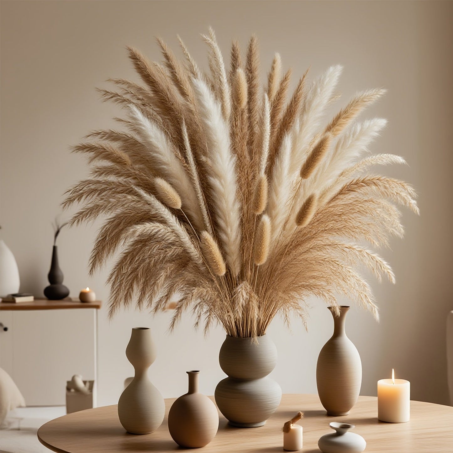 Pampas Grass Bouquet with 125 Mixed Stems, Bunny Tails and Neutral Reed Textures for Vase Display