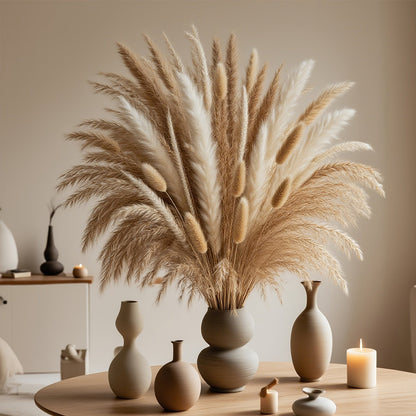 Pampas Grass Bouquet with 125 Mixed Stems, Bunny Tails and Neutral Reed Textures for Vase Display