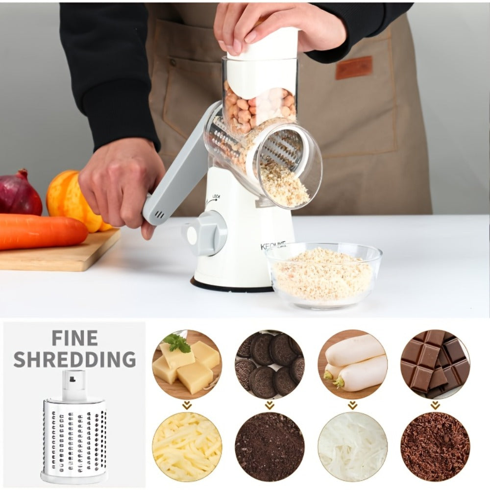 Rotary Cheese Grater with Hand Crank, 3 Interchangeable Blades for Cheese, Vegetables & Nuts, Suction Base