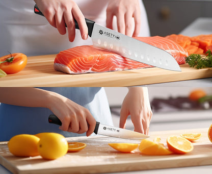 Kitchen Knife Set by ASETY, 15-Piece Stainless Steel Block Set with PP Handles in Two Finish Options