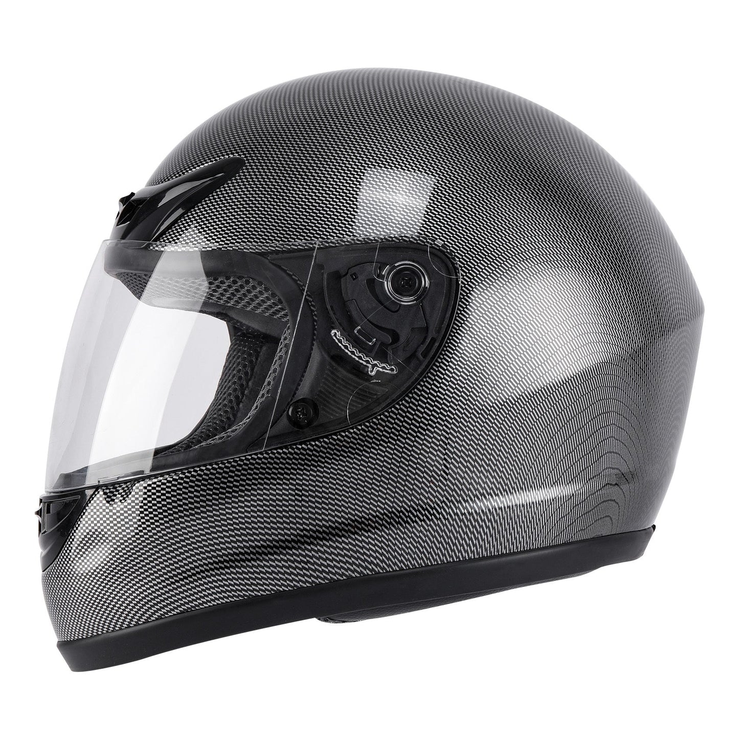 Motorcycle Helmet TCMT Full-Face Black Shell with Clear Shield, S-XL Size Chart, Interior Padding and Rear Vents