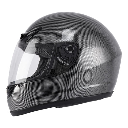 Motorcycle Helmet TCMT Full-Face Black Shell with Clear Shield, S-XL Size Chart, Interior Padding and Rear Vents