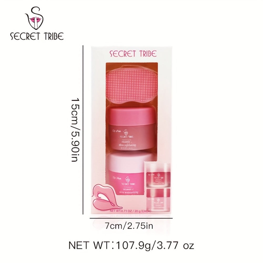 Lip Care Set 3pcs – Lip Mask, Lip Scrub Balm & Lip Brush Kit with Natural Ingredients for Deep Hydration, Exfoliation & Lip Color