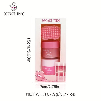 Lip Care Set 3pcs – Lip Mask, Lip Scrub Balm & Lip Brush Kit with Natural Ingredients for Deep Hydration, Exfoliation & Lip Color