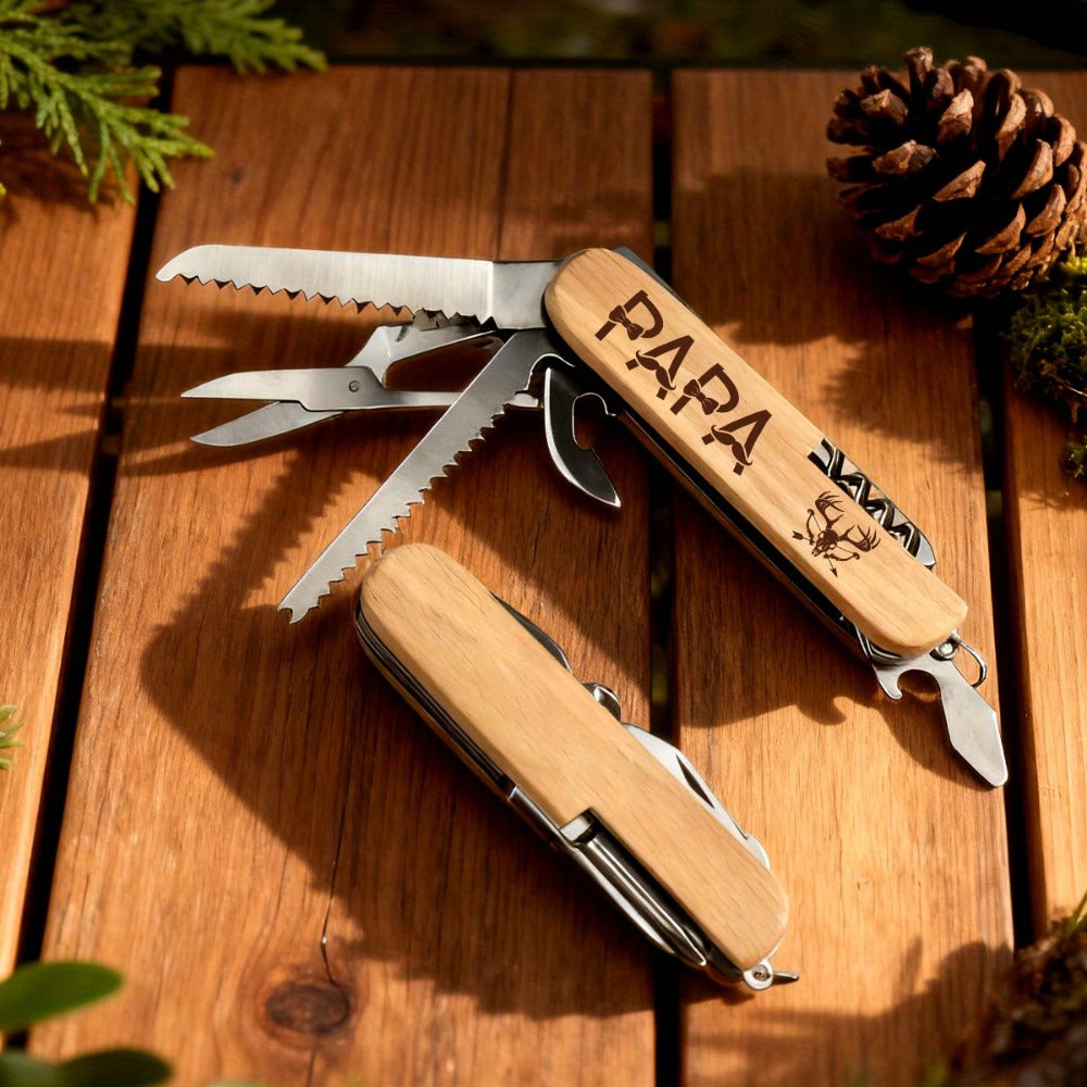 9-in-1 Multi-Purpose Keychain Tool Wood Handle Portable EDC Pocket Tool with Scissors for Entryways, Bedrooms and Living Spaces
