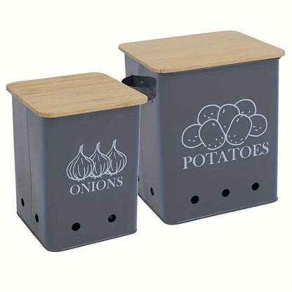 Kitchen Storage Canister Potato Onion Storage Bin Aerating Ventilation Holes Wooden Lid for Home Cooking, Dining and Outdoor Meals