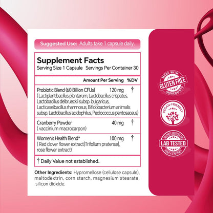 Probiotics for Women 60 Billion CFU 30 Capsules for pH Balance, Yeast Balance, Vaginal Flora & Feminine Health with Cranberry Extract