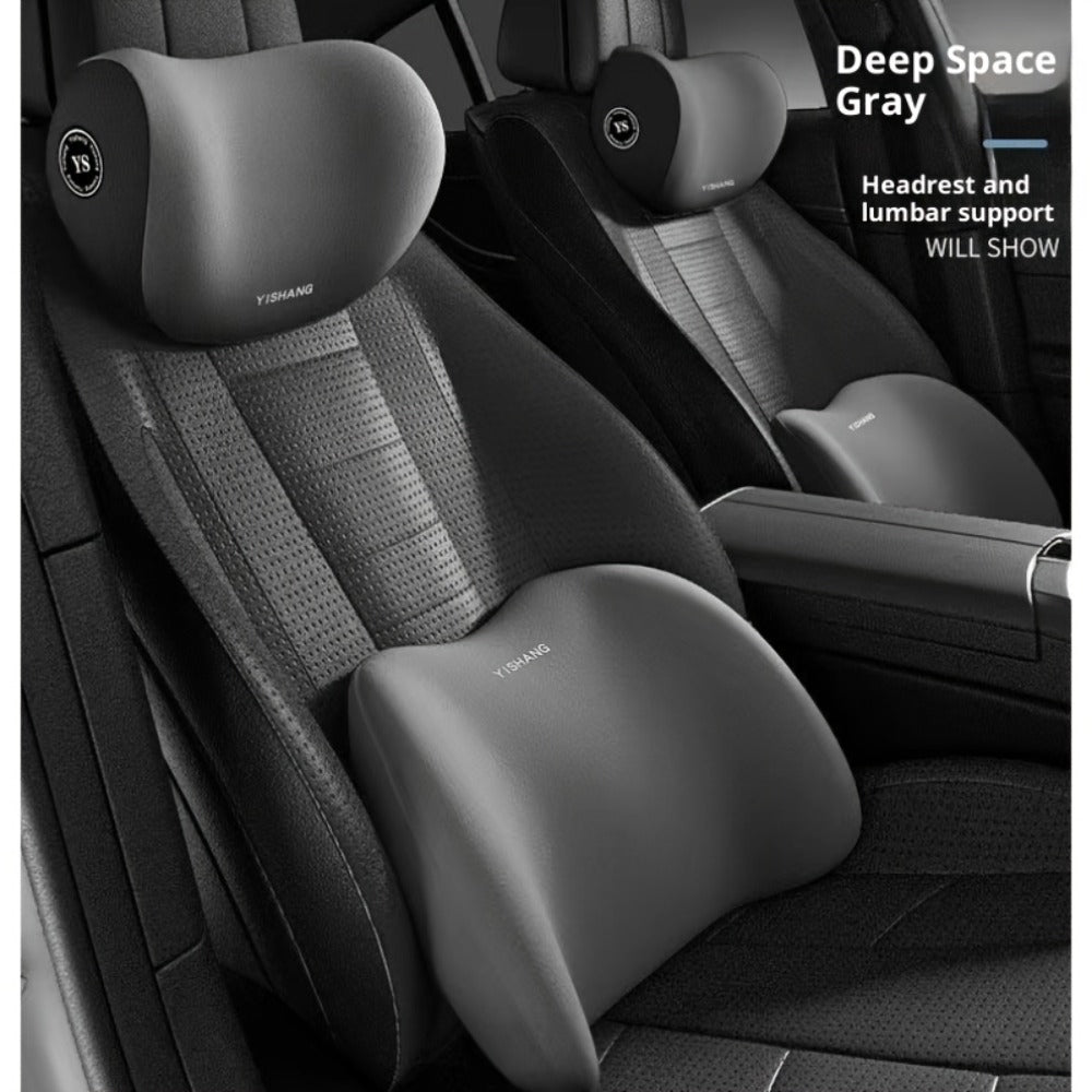 Car Headrest and Lumbar Cushion Set with Sponge Fill, Attachment Straps and Six Color Options for One Seat