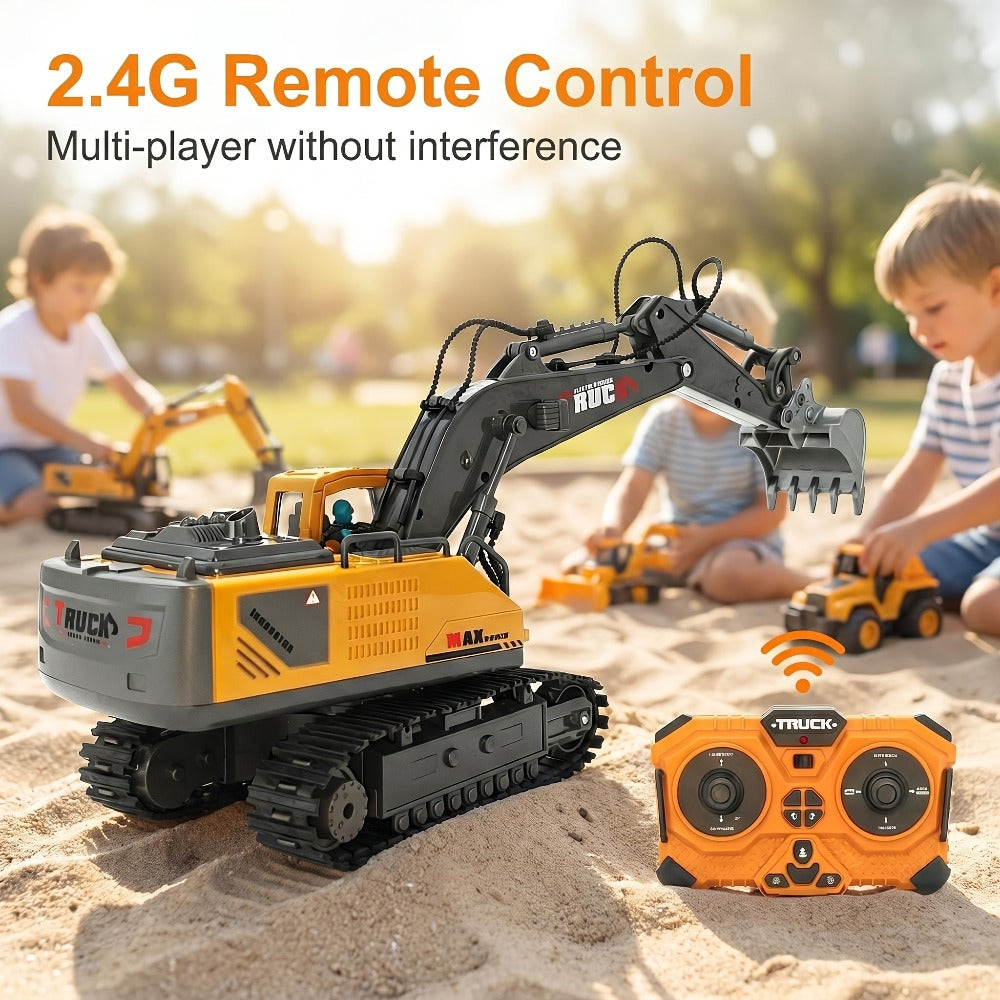 RC Excavator Toy for Kids Track Type 2.4GHz, 1200mAh Rechargeable Remote Control Construction Truck with Metal Shovel & LED Light