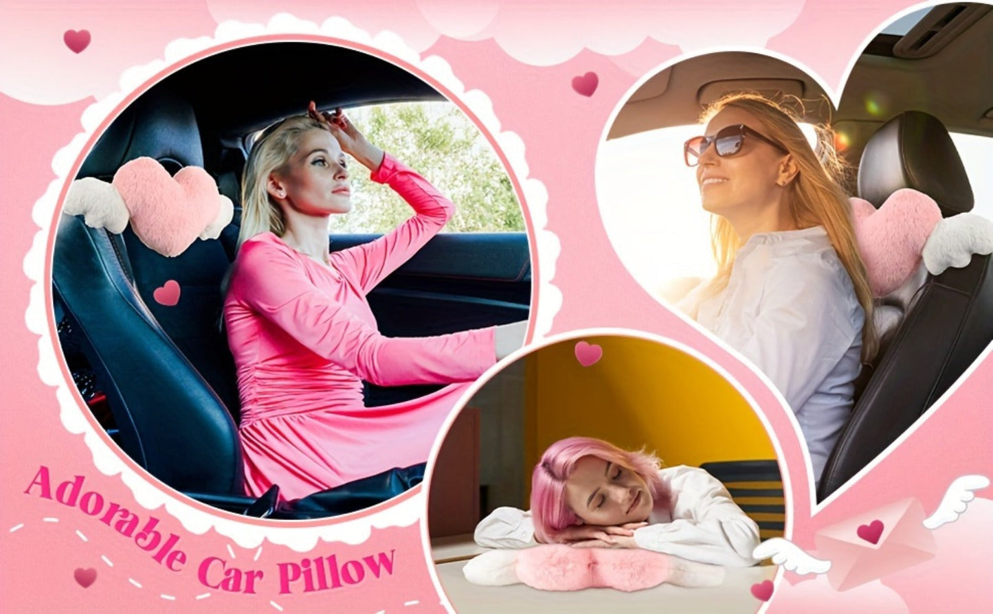 Car Headrest Neck Pillow Heart Shape with Angel Wings – Cute Plush Lumbar Cushion & Seat Back Pillow, Car Interior Decor Accessory