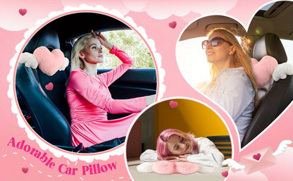 Car Headrest Neck Pillow Heart Shape with Angel Wings – Cute Plush Lumbar Cushion & Seat Back Pillow, Car Interior Decor Accessory