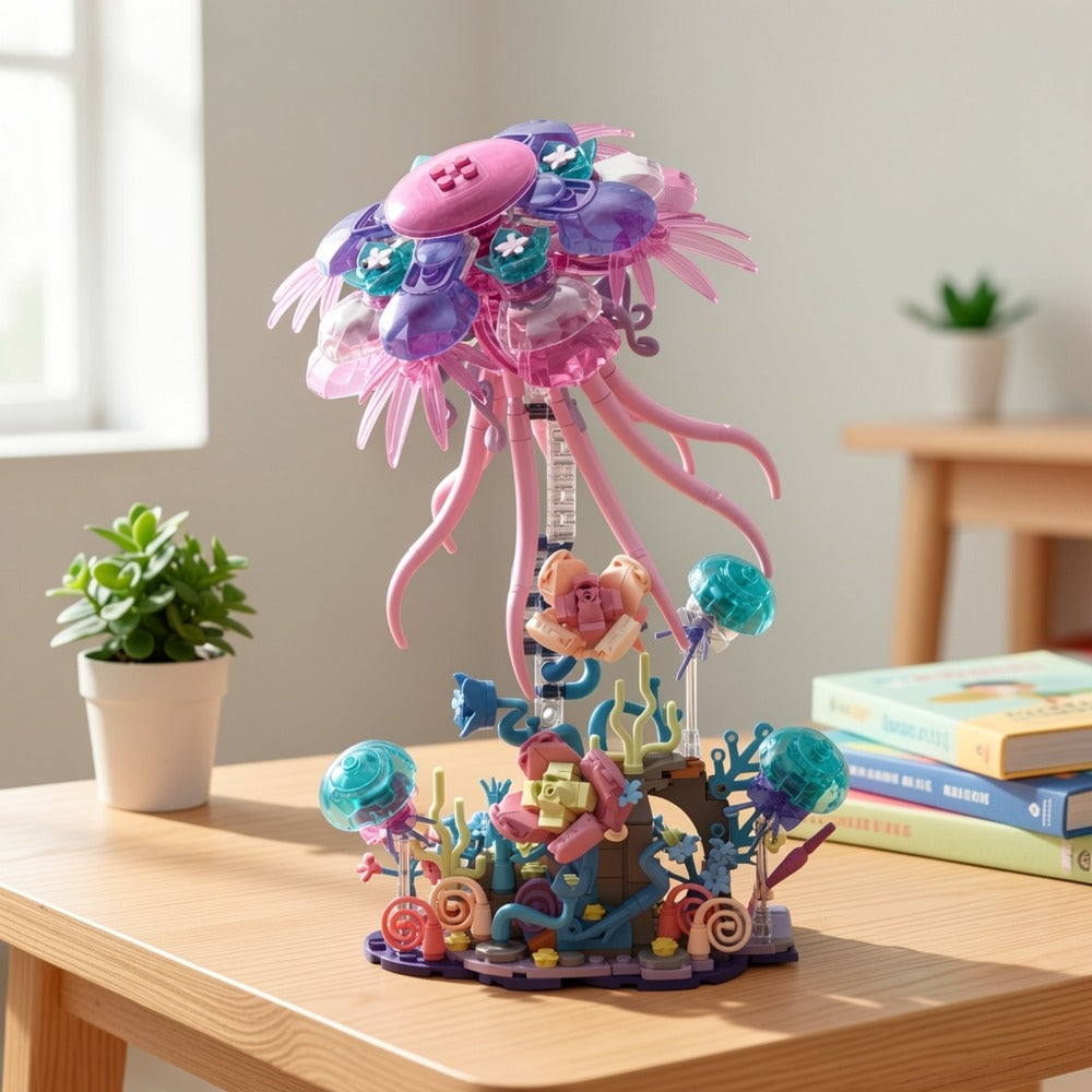 526-Piece Jellyfish Building Block Model with Ocean Scene Base and Pictured 27 cm Display Height