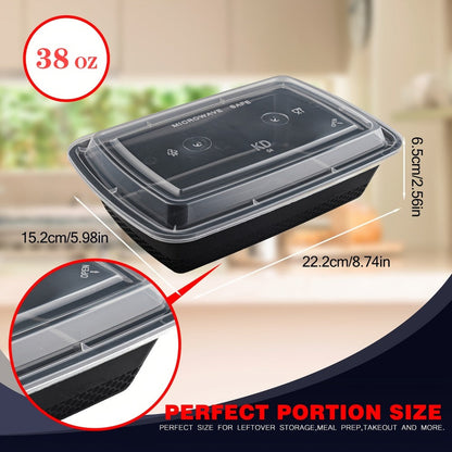 Meal Prep Containers 38oz Black Rectangular Disposable Bento Box Bulk Set - Stackable Food for Entryways, Bedrooms and Living Spaces