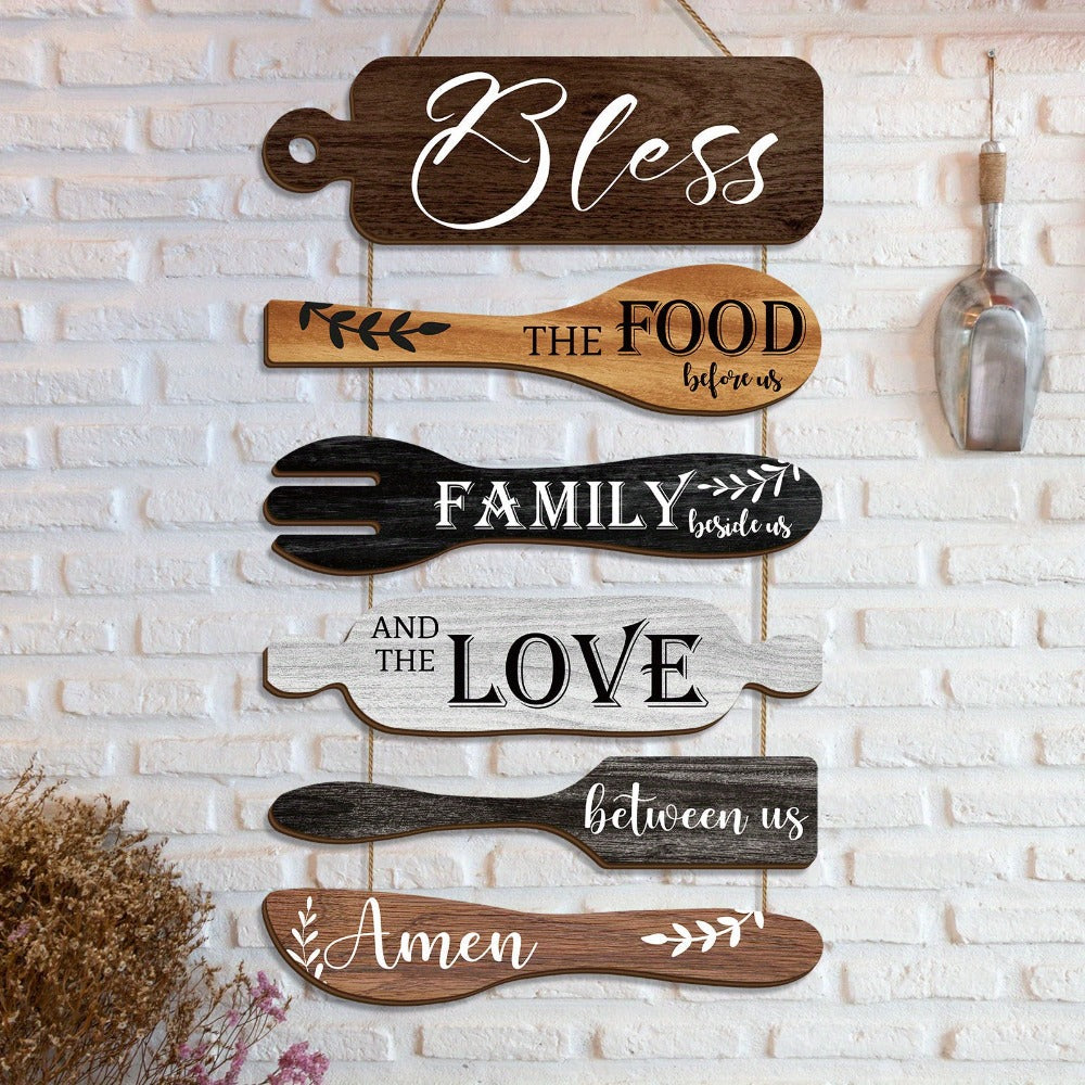 Farmhouse Wall Decor Wood Sign Set – "Bless The Food Before Us" Rustic Kitchen Dining Room Hanging Plaque