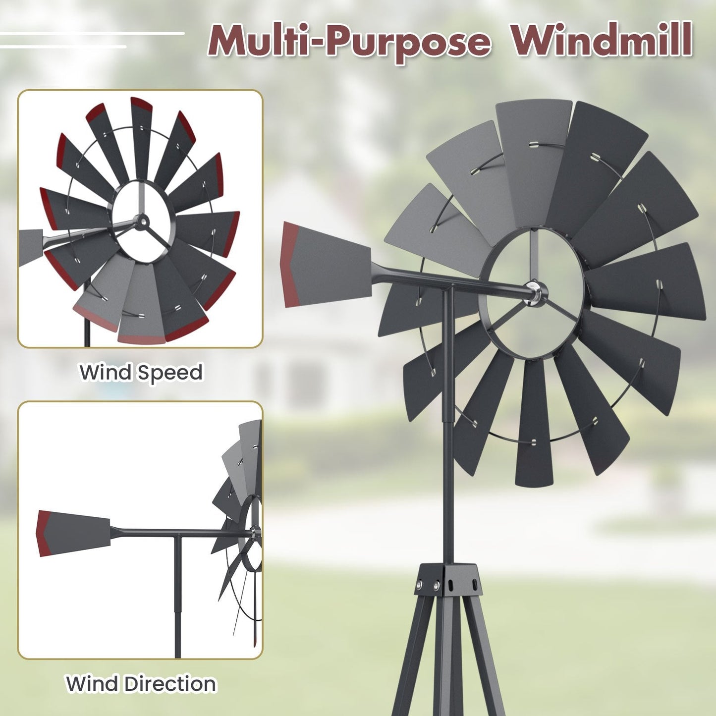 Decorative Windmill 8 ft Metal Outdoor Garden Windmill with Weathervane 4 Ground Stakes All-Weather for Garden, Patio and Yard Use