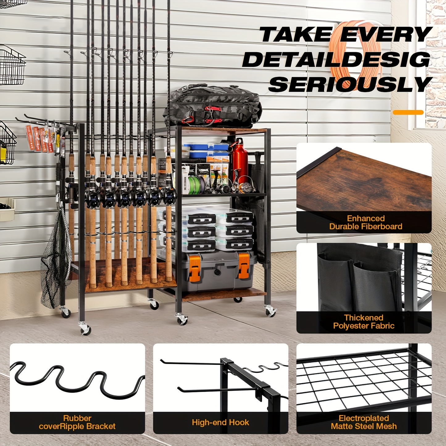 Fishing Rod Holder Rack Rotating Tackle Storage Cart Iron Wood Holds 10 to 12 Rods Garage Fishing Pole Organizer with Wheels Fishing Gear