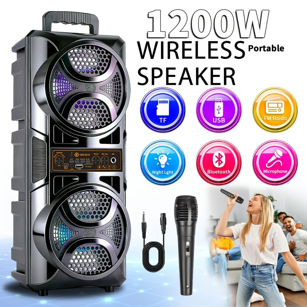 1200W PA Bluetooth Speaker with Wired Microphone & LED Lights, Portable Rechargeable Wireless Speaker