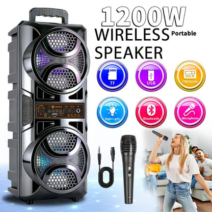 1200W PA Bluetooth Speaker with Wired Microphone & LED Lights, Portable Rechargeable Wireless Speaker