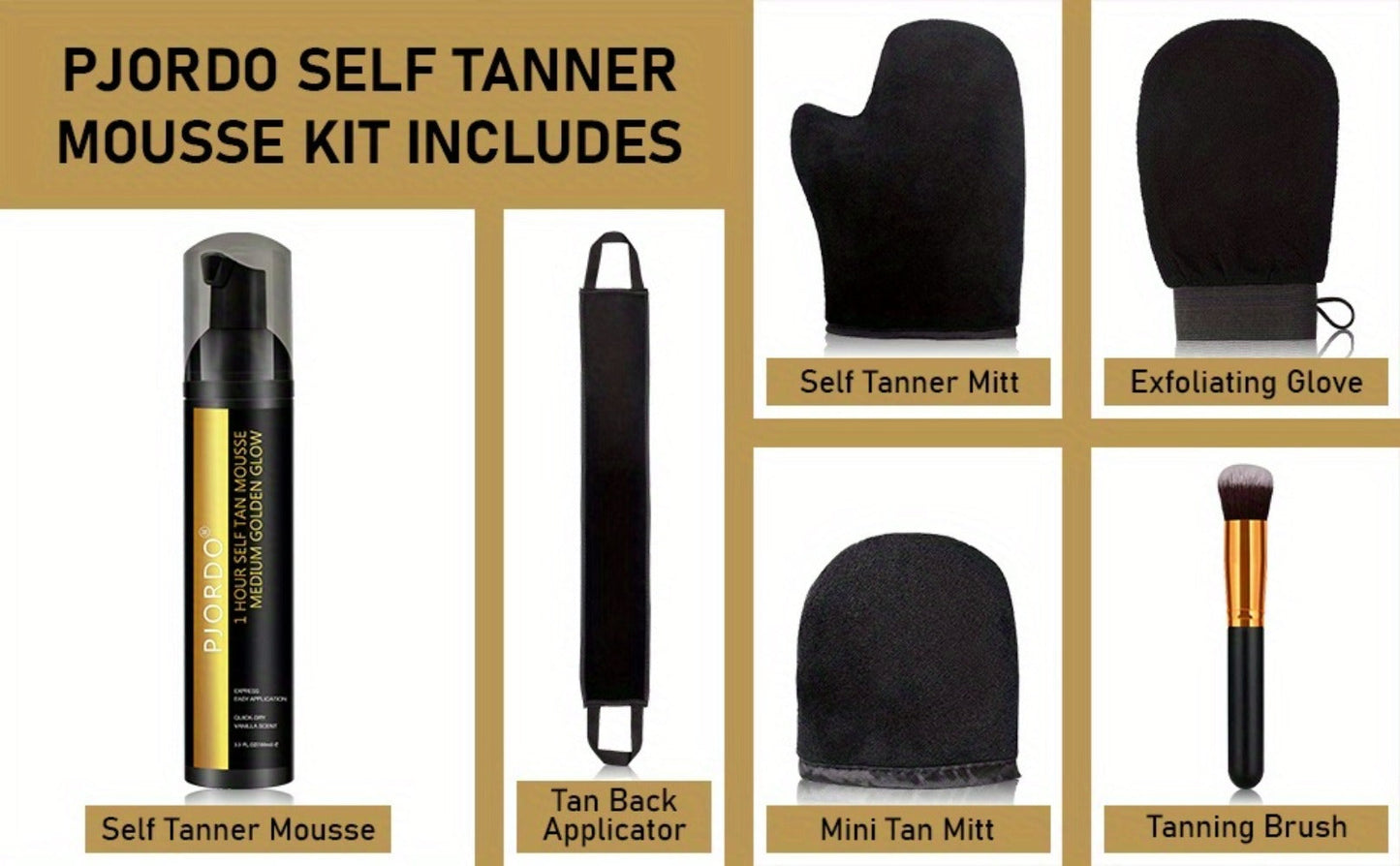 Sunless Tanning Mousse Kit 6-Piece Set with Mitt Applicator – Self Tanner Foam 1 Hour Fast Tan No Fake Smell