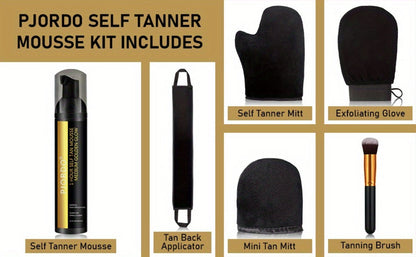 Sunless Tanning Mousse Kit 6-Piece Set with Mitt Applicator – Self Tanner Foam 1 Hour Fast Tan No Fake Smell