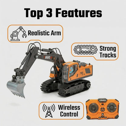 RC Excavator Toy 1:24 Scale 2.4GHz 9-Channel Remote Control with Alloy Metal Cap Lights & Sound Rechargeable Battery