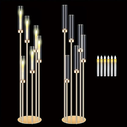 Floor Candelabra 6-Arm 46 Inch Gold Metal Candlestick Set with 12pcs LED Candles & Acrylic Shades