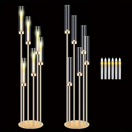 Floor Candelabra 6-Arm 46 Inch Gold Metal Candlestick Set with 12pcs LED Candles & Acrylic Shades