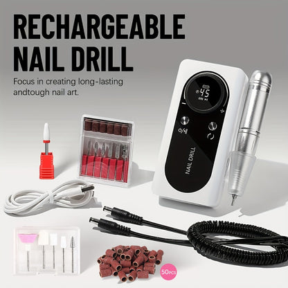 Low Noise Nail Drill Machine 45000RPM Rechargeable with LCD Display – Quiet Electric E-File for Gel Polish Acrylic Natural Nails
