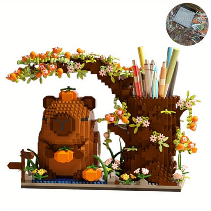 Building Block Set Capybara Pen Holder, 1880 Micro Pieces with Flowering Tree, Pencil Storage and 22cm Base