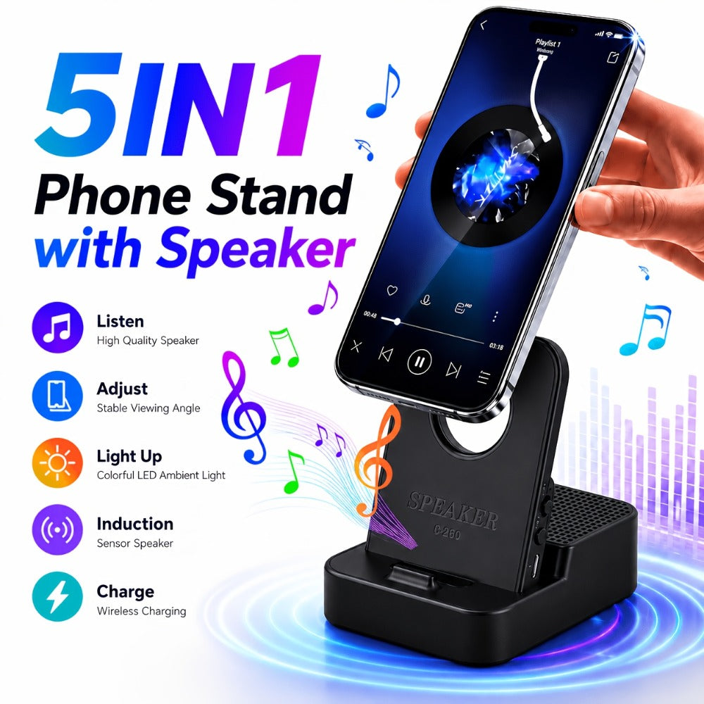 Magnetic Wireless Speaker Stand with Emergency Charging, 360° Adjustable Foldable Phone Holder, Portable Bluetooth Speaker