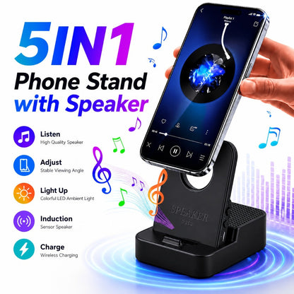 Magnetic Wireless Speaker Stand with Emergency Charging, 360° Adjustable Foldable Phone Holder, Portable Bluetooth Speaker