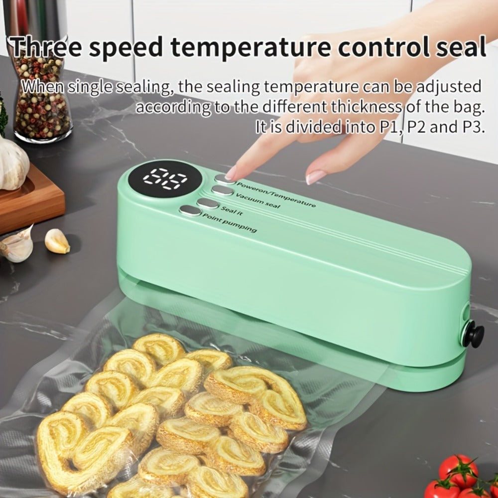 Compact Rechargeable Bag Vacuum Sealer with Digital Display, One-Touch Controls and Beige or Green Finish