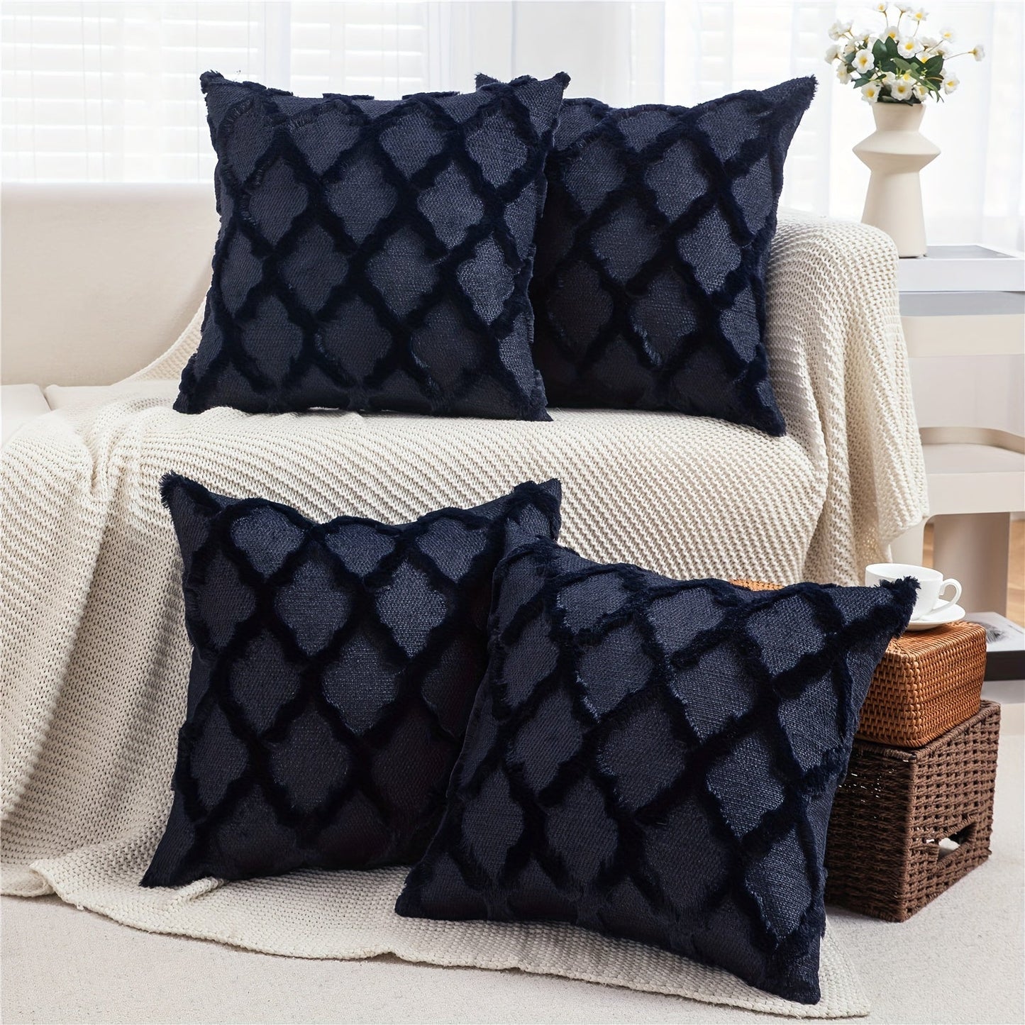 Decorative Pillow Covers 18x18 Set of 4 Boho Soft Plush Faux Wool Throw Pillow Cases with Zipper for Sofa Couch Bedroom Living Room
