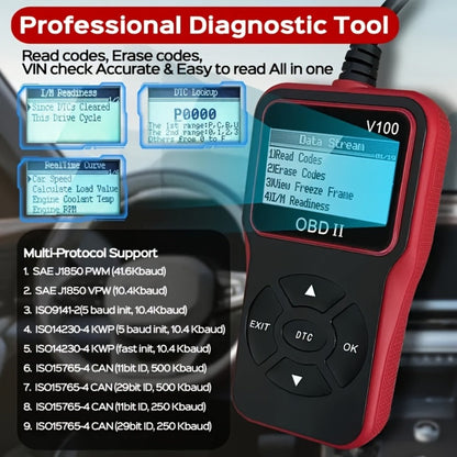 V100 OBD2 Scanner with Four-Line Menu, 12.4 x 7cm Body, Tethered 16-Pin Plug and Four Color Options