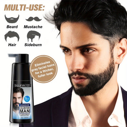 Men's 3-in-1 Black Hair & Beard Dye Shampoo, 8-Minute Gray Coverage, Ammonia-Free Natural Color