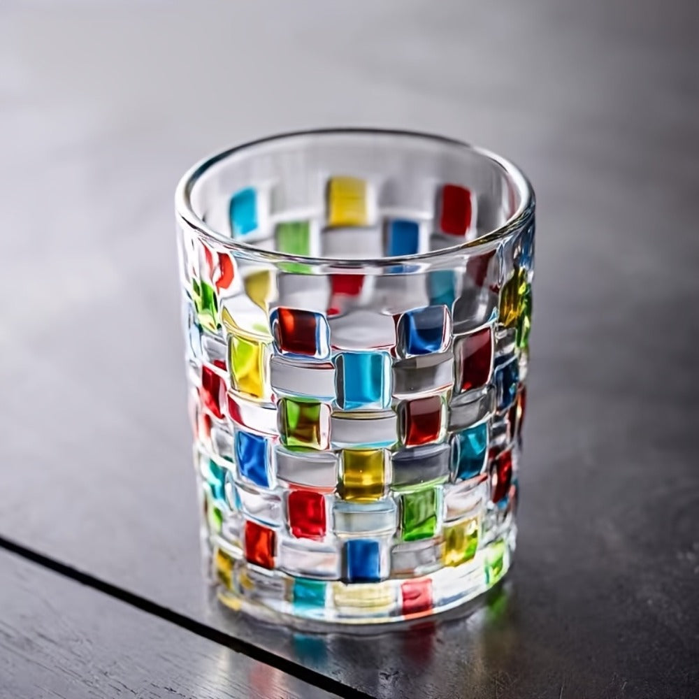 Hand-Painted Drinking Glasses Set – Colorful Square Lattice Woven Handcrafted Glass for Water, Juice, Whiskey & Beer