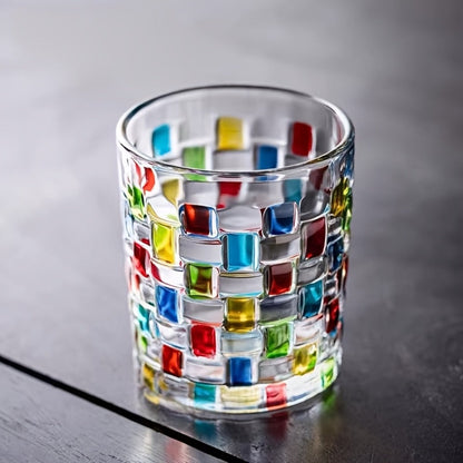 Hand-Painted Drinking Glasses Set – Colorful Square Lattice Woven Handcrafted Glass for Water, Juice, Whiskey & Beer