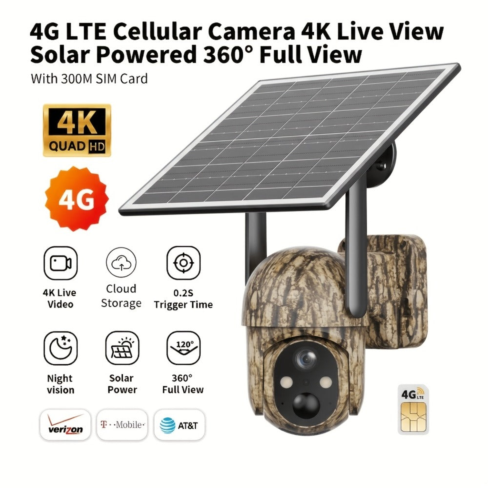 4G LTE Solar Trail Camera No WiFi Needed, Outdoor Security Camera 4K Night Vision, 360° Pan Tilt Live View