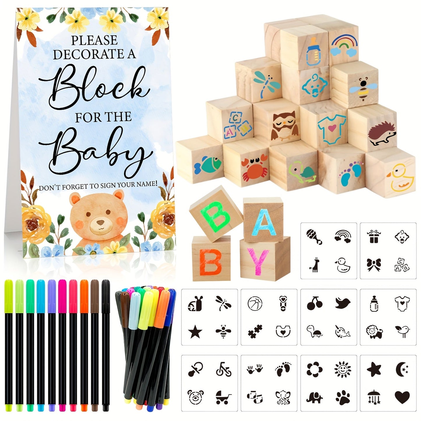 Wooden Block Stacking Game Party Kit 51pcs 30pcs – Baby Shower Tumbling Tower Decoration Sign Set Classic Flower Greenery Fox Bear Style No
