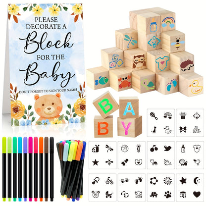 Wooden Block Stacking Game Party Kit 51pcs 30pcs – Baby Shower Tumbling Tower Decoration Sign Set Classic Flower Greenery Fox Bear Style No