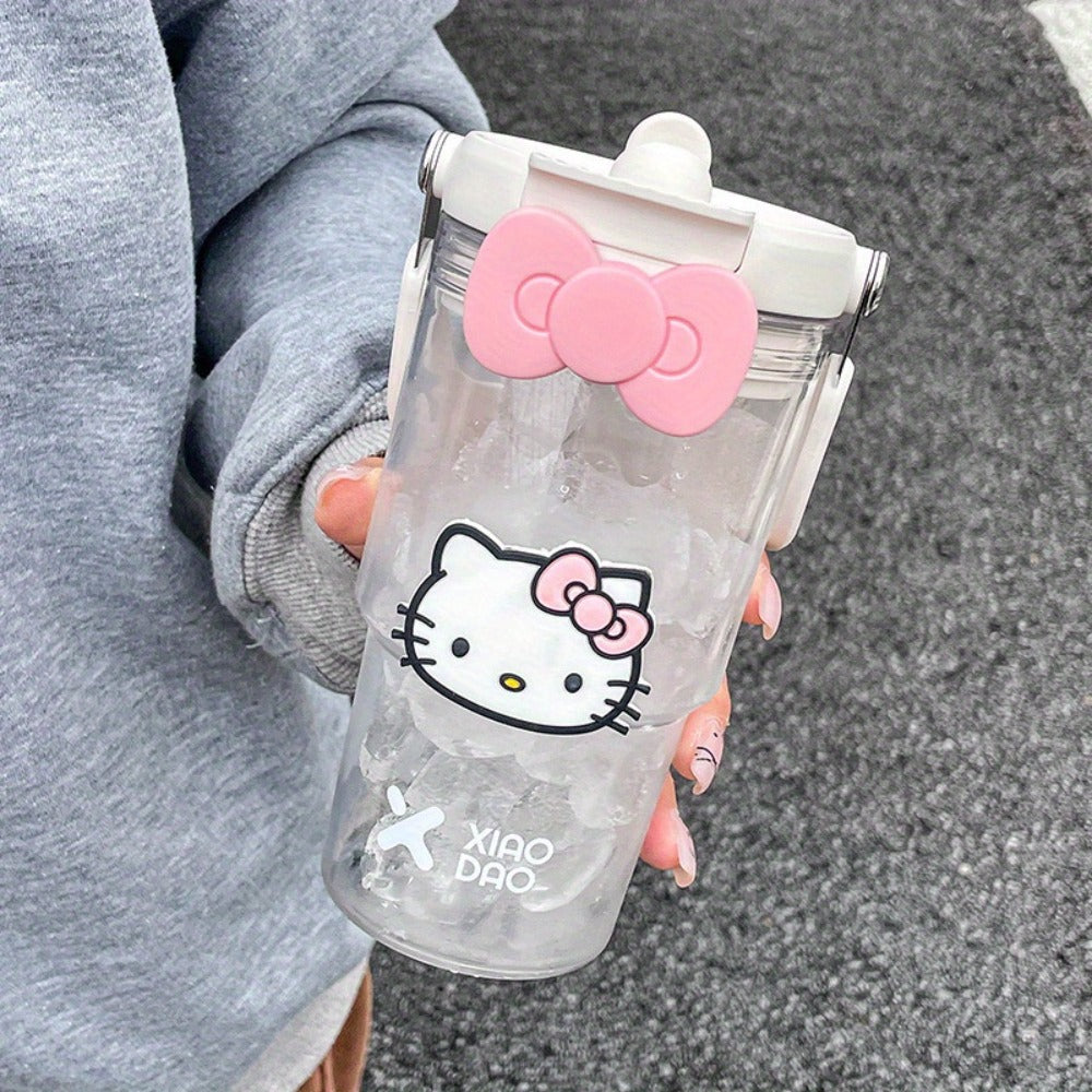 Hello Kitty Water Bottle with Straw 30 Oz, Large Cartoon Tumbler for Women & Girls, Portable Outdoor Sports Cup with Bow & Sticker
