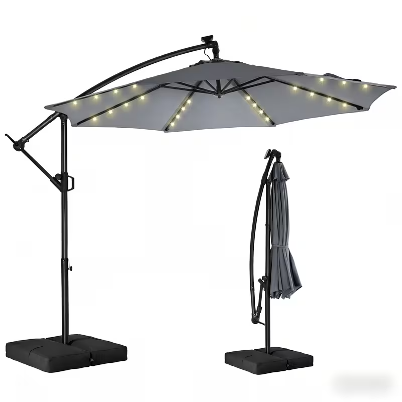 Patio Umbrella 10FT Solar LED Cantilever Style with 32 Lights, Eight-Rib Frame, Tilt and Four Colors