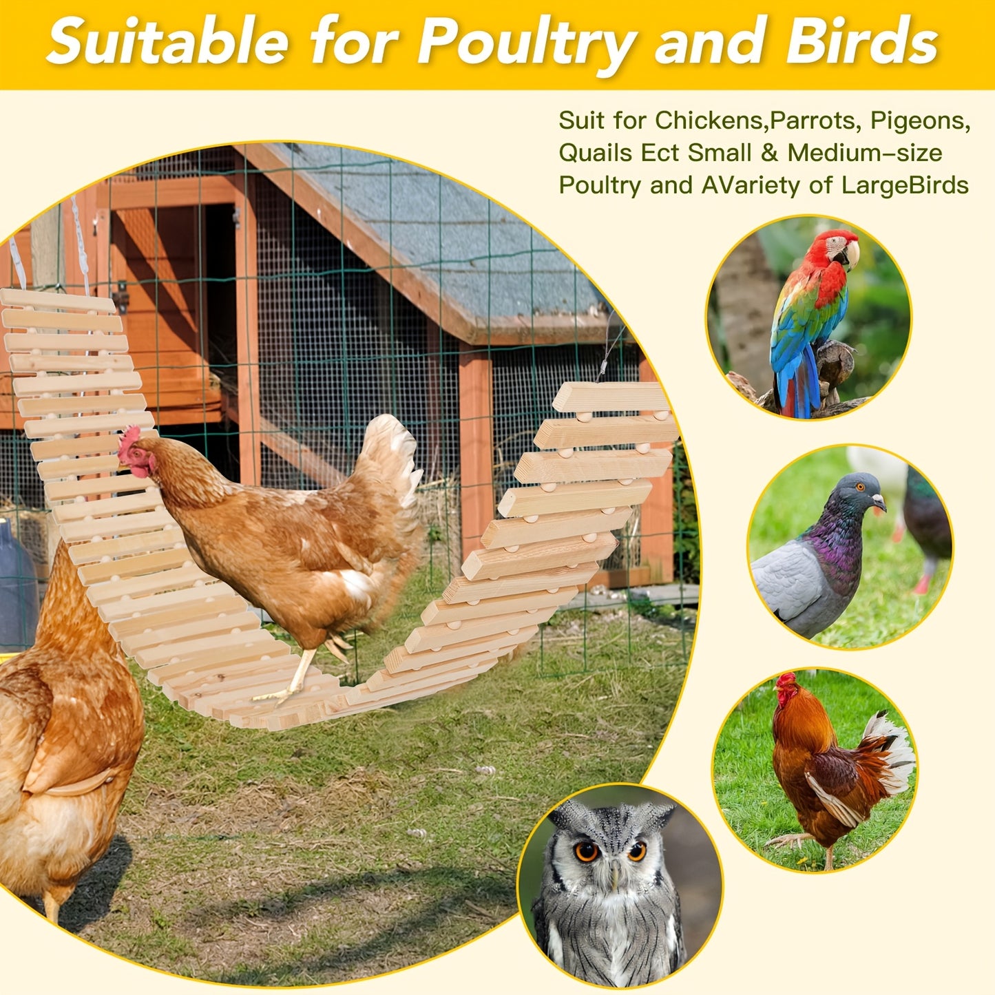 Chicken Perch Ladder Swing Toy Natural Wood Multi-Level Roosting Bar with Metal Chain for Hens Roosters Chicks Indoor Outdoor Coop Bird