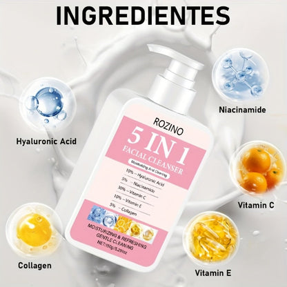 Brightening Face Wash 5-in-1 with Hyaluronic Acid Niacinamide Vitamin C Vitamin E & Collagen – Rich Foam Deep Cleansing Moisturizing Glow