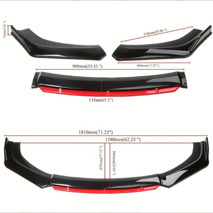 Car Front Lip Spoiler Kit 4pcs Universal ABS Front Bumper Splitter Spoiler Glossy Black Red Accent Aerodynamic Design Easy Clip-On Install