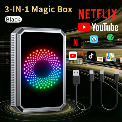 Wireless CarPlay Adapter AI Box 3-in-1 – Netflix YouTube TikTok Streaming, Dual WiFi 2.4G+5G, USB Drive Support