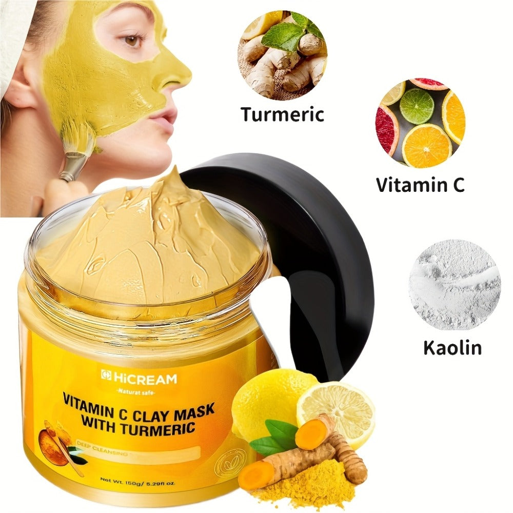 Face Mask, HICREAM Turmeric Vitamin C Kaolin Clay Formula in Jar Packaging for Rinse-Off Facial Use