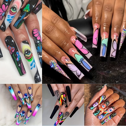 Press On Nails 120-Piece Extra-Long Five-Box Cosmic Eye Rhinestone Matte Floral Stripe Set with Glue